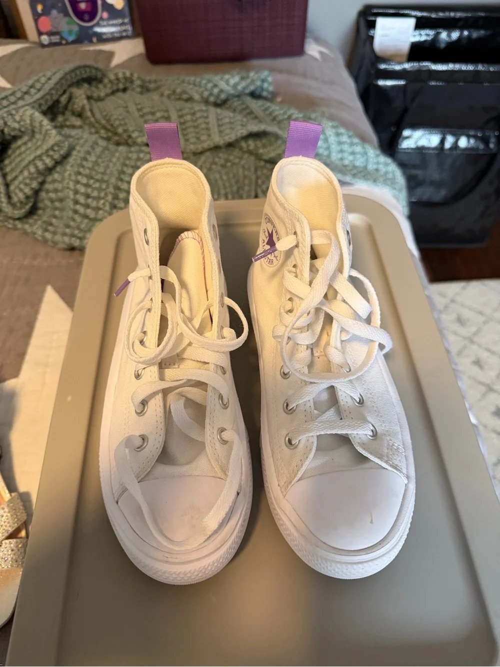 Converse Kids White High-Top Sneakers with Purple Pull Tabs